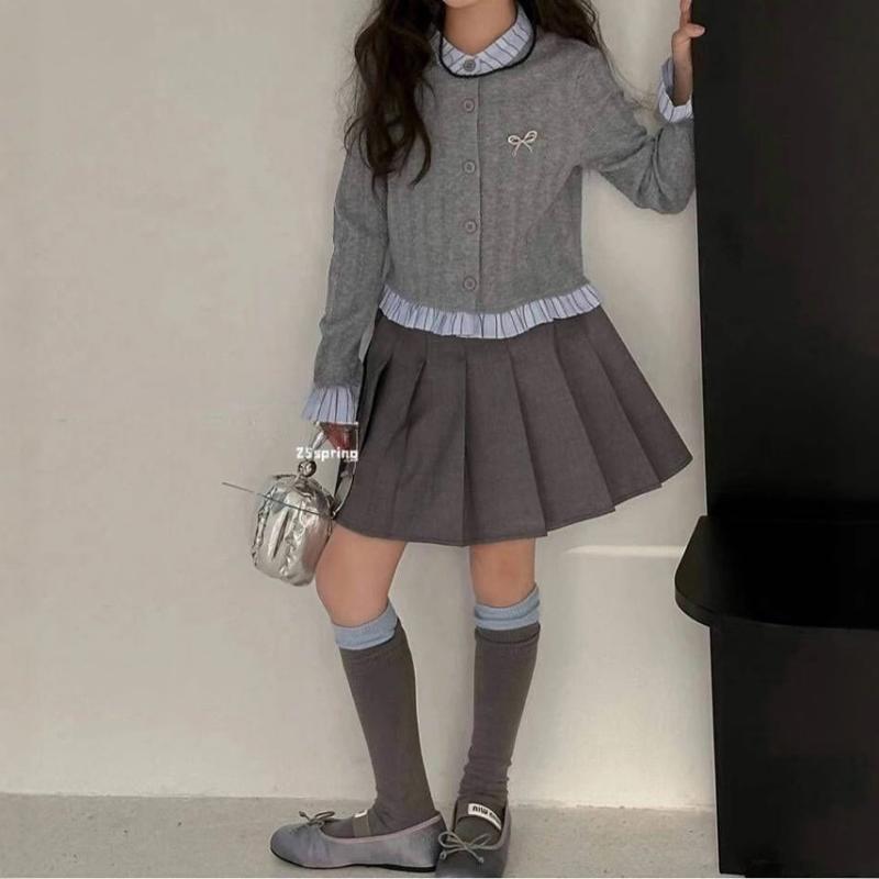 キッズ 春 シャツ ニットセーター プリーツスカート セット 子供服 おしゃれ コーディネート トップス スカート 普段使い スタイリッシュ シルエット