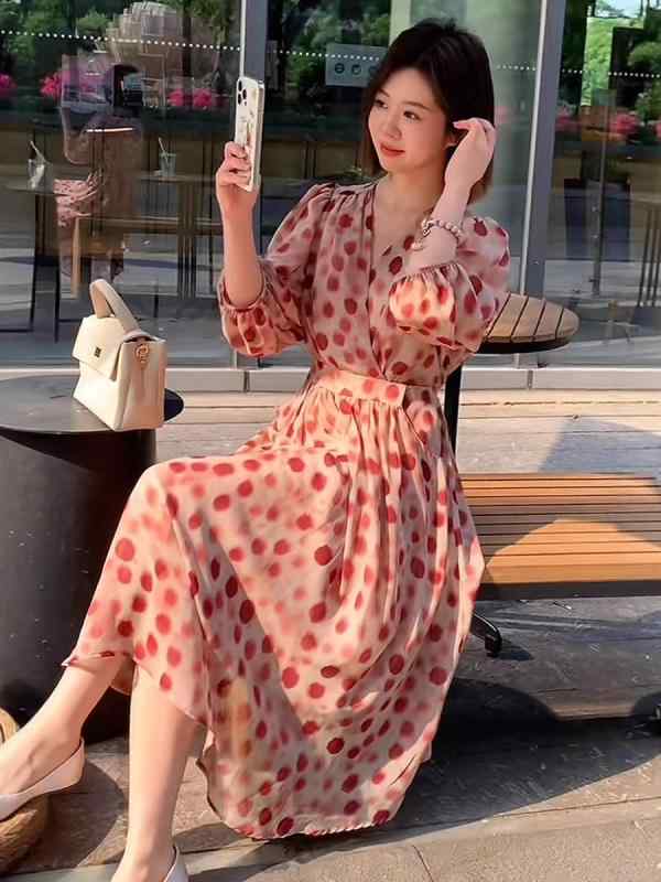 レディース ワンピース ポルカドット 柄 夏用 収腰 デザイン スリム ミドル丈 高級感 ファッション カジュアル トップス ドレス 膝下丈 軽量 吸湿速乾 通勤 普段使い