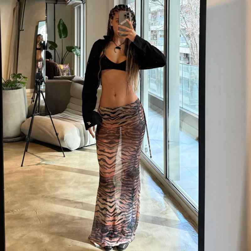 レディース ミディスカート ヒョウ柄 シースルー メッシュ プリント セクシー デザイン 軽量 伸縮性 普段使い 通勤用