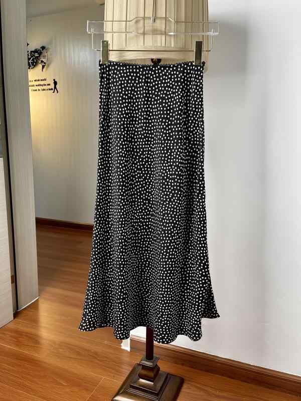 レディース 夏 真絲 フィッシュテールスカート 黒白ポルカドット柄 レトロ フランス バイアス裁ち 伸縮ウエスト ヒップハグ ロング丈 軽やか 涼しい ミディ丈 フレアシルエット