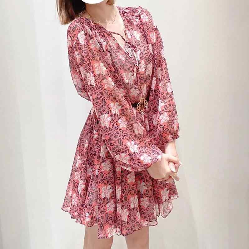 レディース ワンピース 秋 Vネック 花柄 プリント ゆったり ショート 軽量 薄手 紐ベルト 腰絞り 光沢 シルク調 優雅 デザイン 普段使い 伸縮性