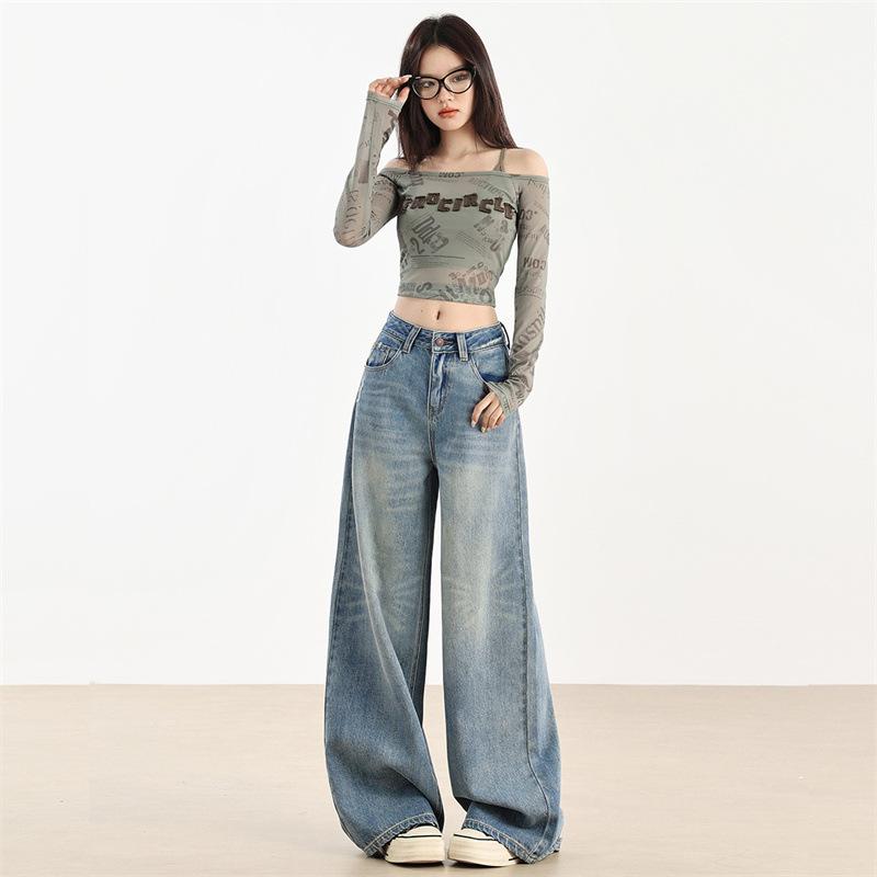 女性用 レトロ デニムパンツ ワイドレッグ ゆったり ハイウエスト ストレート ロング 大きめサイズ 春秋 スリム効果 カジュアル 普段使い