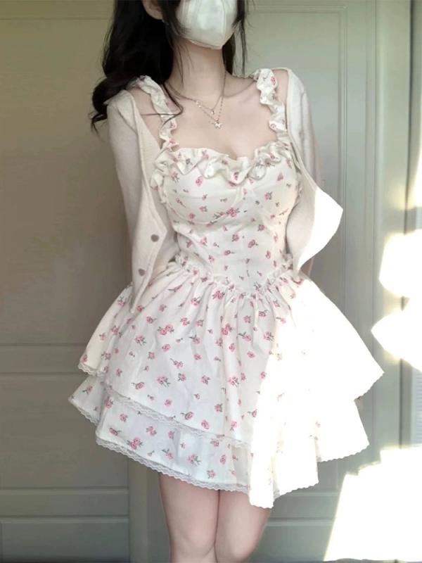 ワンピース レディース 夏 白 花柄 ストラップ セクシー 収腰 スリム ふんわり 甘辛 軽やか 膝丈 キャミソール 女性らしい シルエット