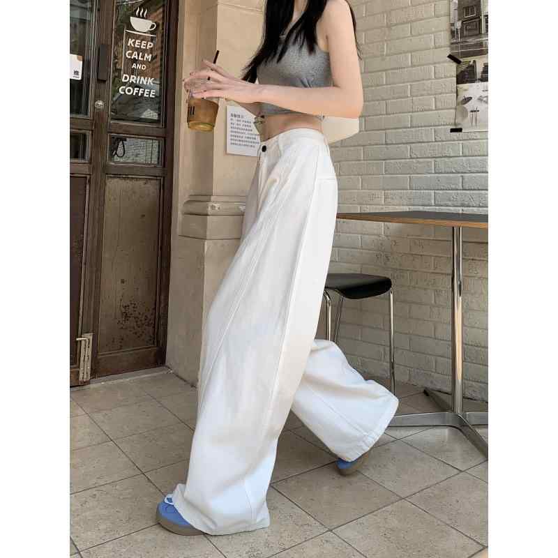 レディース デニムパンツ ホワイト ハイウエスト ワイドレッグ 夏用 細見え 落ち感 シンプル ベーシック 普段使い カジュアル デニム素材 通勤対応 軽やか シルエット