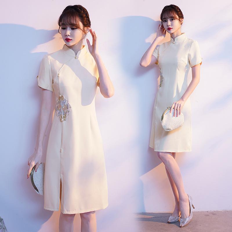 チャイナドレス ワンピース レディース 夏 短袖 収腰 ロング丈 レトロ 中国 ガーリー 軽量 コットン混 吸湿速乾 ウエストマーク フレアシルエット ピュアホワイト