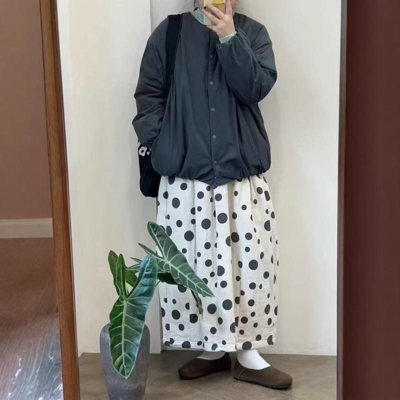 スカート レディース レトロ ポルカドット 小花柄 コットンリネン ランタンシルエット バルーンスカート 伸縮腰 ゆったり ミディ丈 ルーズフィット 普段使い 軽量 素材 女性用 トップス合わせ コーディネート