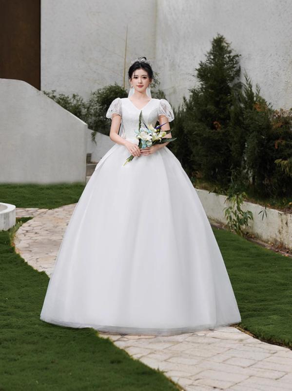 ウェディングドレス レディース フランス 軽量 シンプル ナチュラル 白 ロング丈 新婦外出 結婚登録 小さめシルエット 礼服