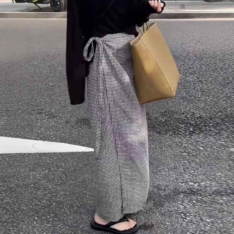 スカート レディース 春 チェック柄 リネン ベルト付き レトロ ゆったり ラップ スリム効果 ミディ丈 軽量 普段使い