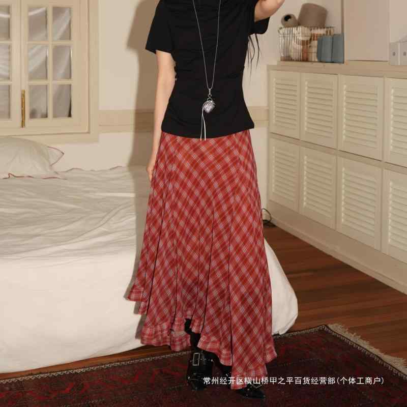 スカート レディース 中長 シフォン レトロ チェック ツーカラー 不規則 ヘム 夏 カジュアル 軽量 揺れ感 ミディ丈 トレンド 女性用 普段使い 涼しい 素材 柔らかい