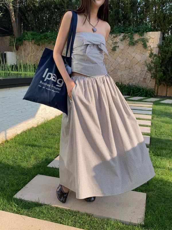 スカート 女性用 夏 Aライン ロング チェック柄 韓国 フレア シルエット スリム 上品 高級感 普段使い カジュアル 軽やか コーディネート