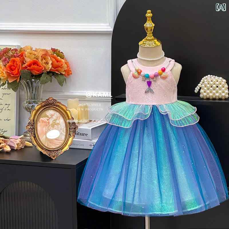 ワンピース 女の子 夏 人魚姫 プリンセス マーメイド シルエット スパンコール キラキラ 輝く ドレス 誕生日 パーティー かわいい デザイン 軽やか 素材
