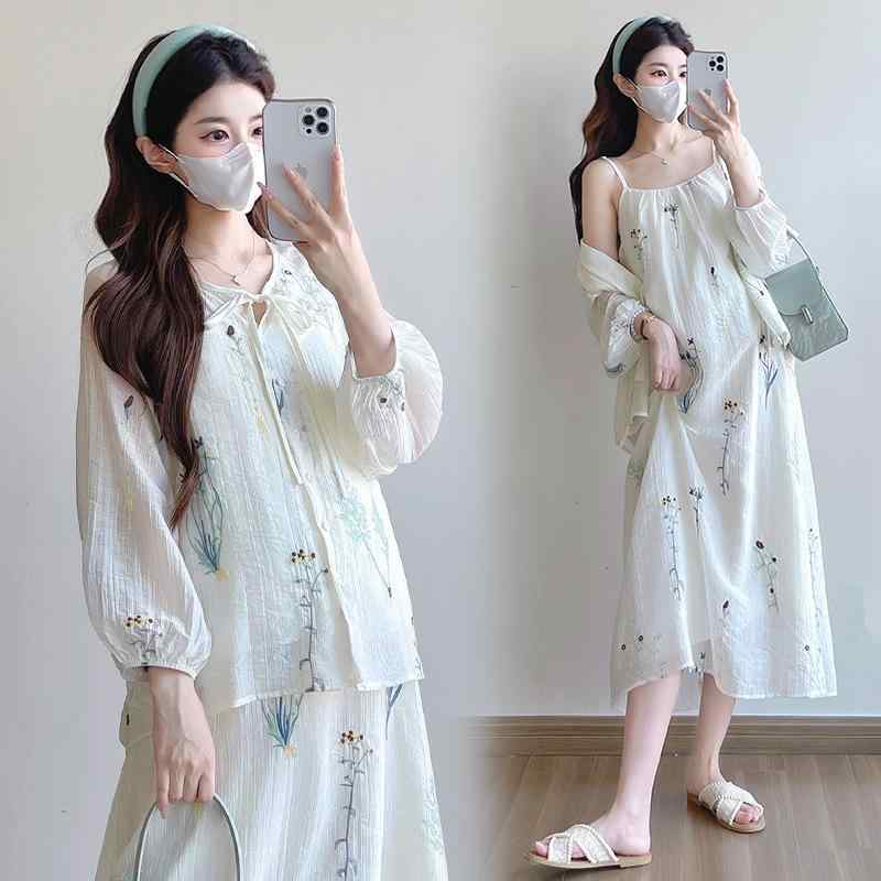 マタニティ 春夏 豪華刺繍 ゆったりトップス 吊帯ロングスカート 2点セット 妊婦服 快適素材 軽量 伸縮性 日常使い