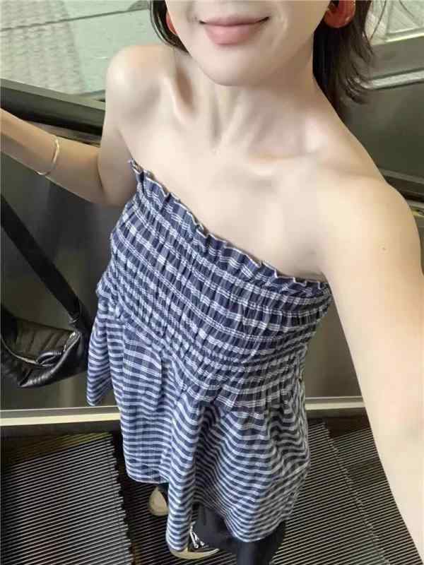 スカート レディース 春夏 ブルー チェック柄 ゆったり Aライン ミドル丈 スリム見せ チューブトップ キャミ フェミニン 軽量 伸縮性