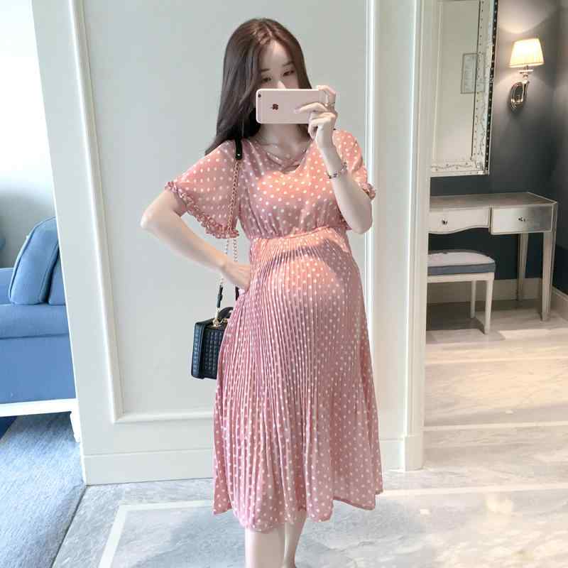 妊婦用 夏 衣裳 ポルカ一点柄 短袖 並み並み丈 ゆったり シフォン原料品 韓国 軽さ 通い 普段使い走り 伸縮性