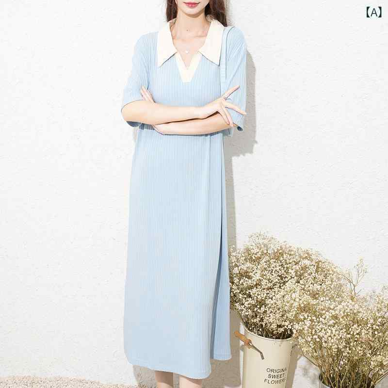 春夏 マタニティ ワンピース 妊婦用 修身 スリムフィット 接触冷感 ニット 中長丈 ロングドレス 襟付き 夏服 軽量 伸縮性 吸湿速乾