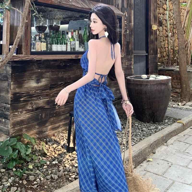 ワンピース レディース 夏 ブルー チェック柄 ハルターネック バックレス ロングドレス ビーチ リゾート ビーチバカンス 軽やか 涼しい 女性用 ロングスカート 復古