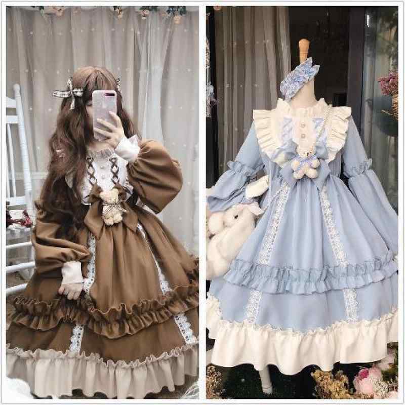 レディース ロリータドレス ワンピース かわいい 学生 ガーリー 日系スタイル 秋冬 柔らかい生地 フリル付き コットン混 暖か素材 膝丈 膝上丈