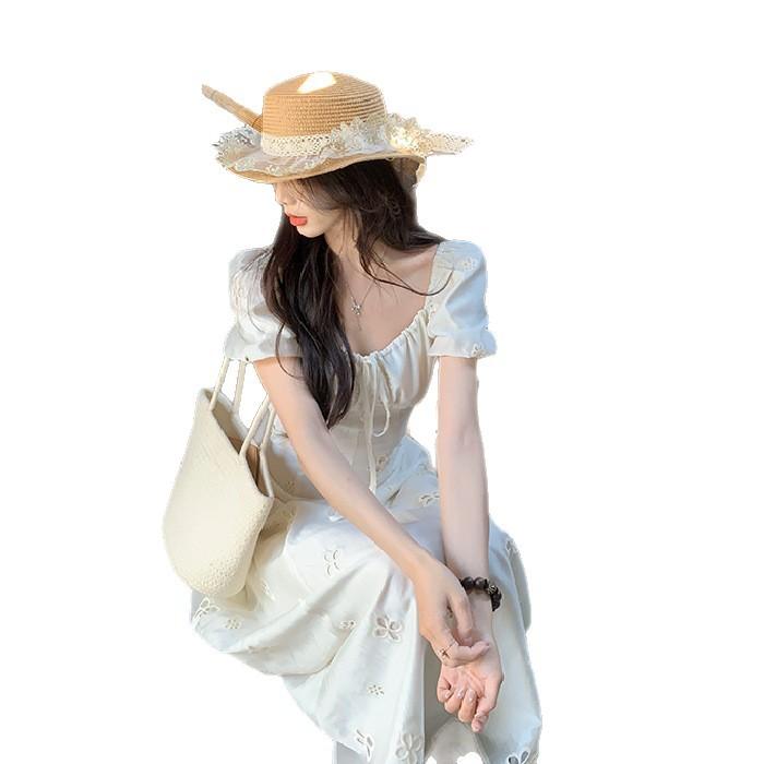 ワンピース レディース 夏 短袖 プリンセス フランス スイート リゾート スタイル スリム ウエスト シェイプ ドレス ビーチ 普段使い 軽量 伸縮性 綿混 素材 Vネック フレア スカート ピンク系 カラー