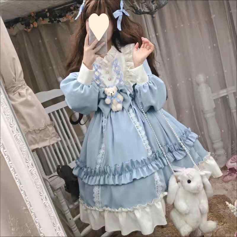 ワンピース レディース ロリータ 長袖 春夏 学生用 かわいい ウエスト切り替え 甘め フェミニン ビッグシルエット 軽量 綿混 ピンク系 アイボリー 4,487円