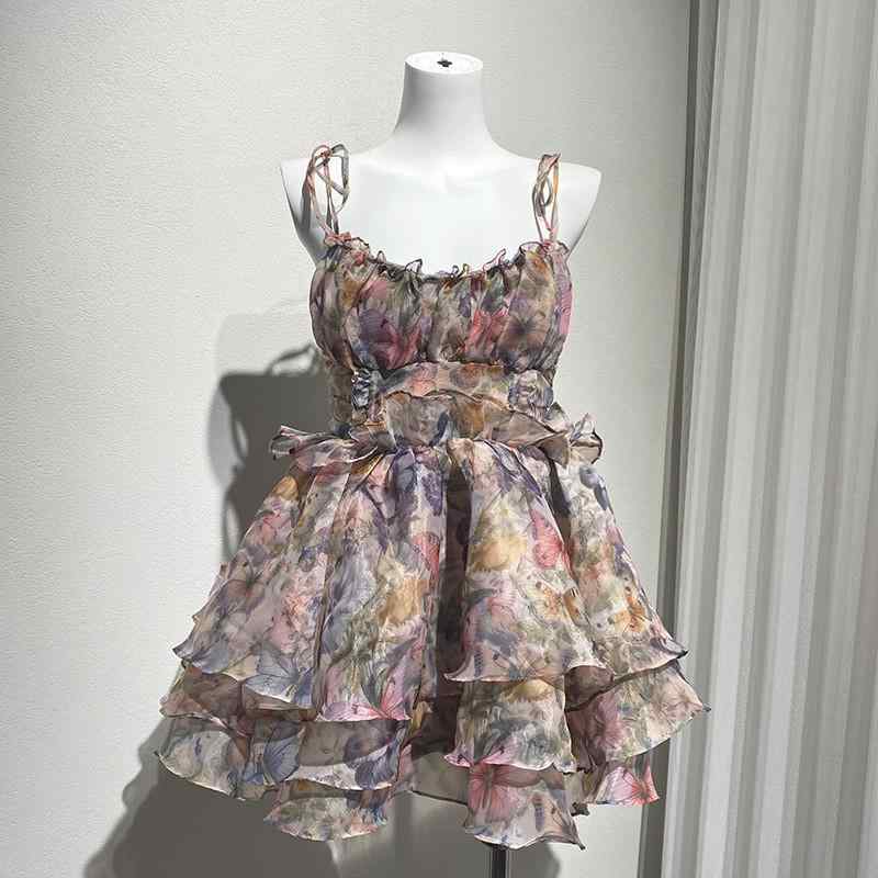 衣装 レディース 夏 入り合わせる色合い 花柄 蝶柄 草木刷り上げる ミニ丈 膝上丈 軽さ 綿織物混紡 愛くるしげ 青写真 普段使い走り 通い 太陽フレア影ぼうし