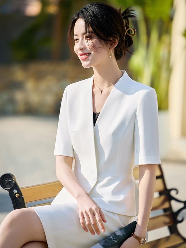 制服 レディース 白 短袖 スーツ ミディスカート ショートスカート セット 春夏 ホテル用 美容院用 清潔感 ビジネス フォーマル 快適 綿混 膝丈 膝上丈