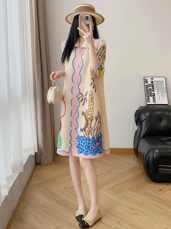 ワンピース プリーツ 夏 ゆったり スリム見え 中長丈 花柄 ドレス ビッグシルエット 女性用 ファッション 軽量 伸縮性