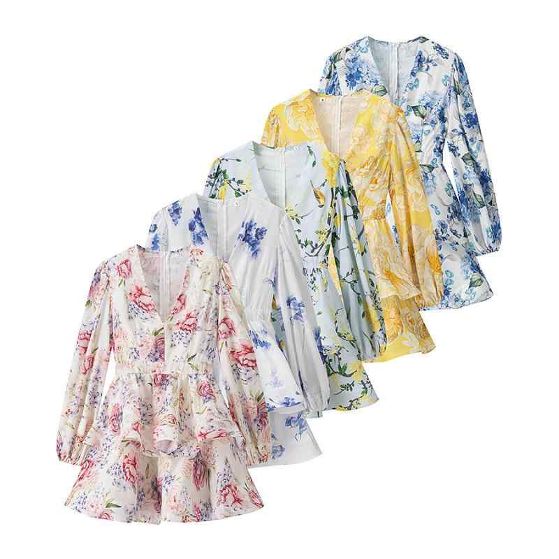 ワンピース レディース 夏 提灯袖 Vネック リネン フラワープリント スリムフィット 花柄 軽量 通気性 かわいい ボディライン カジュアル 普段使い