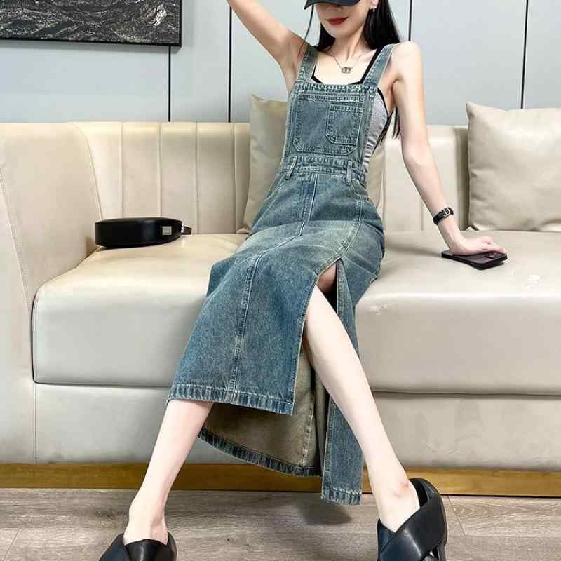 レディース デニム サスペンダー スカート ワンピース ゆったり レトロ ビッグシルエット サイド スリット ミドル 丈 ストラップ カジュアル 普段使い 通勤 コットン 素材