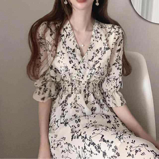 ワンピース レディース レトロ Vネック フリル 収腰 スリム 中長丈 シフォン フラワープリント 軽やか フェミニン カジュアル 普段使い