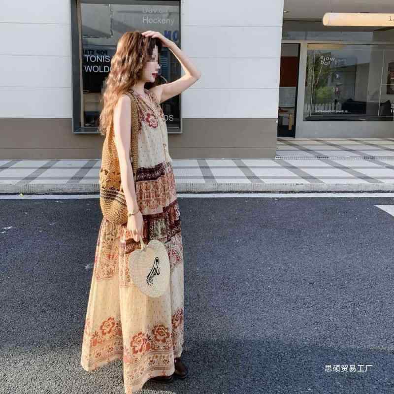 ワンピース レディース ボヘミアン 花柄 ストラップ ロングドレス 夏 リゾート エスニック レトロ スタイルアップ 軽量 ビーチウェア