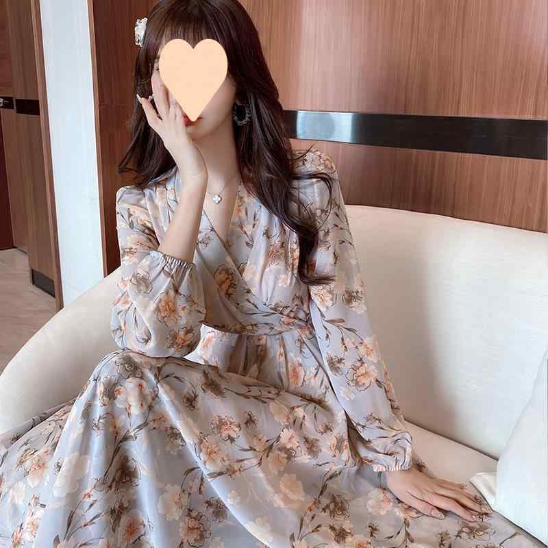 ワンピース レディース 春 シフォン 花柄 長袖 フレンチスタイル ロングドレス 軽やか スタイリッシュ エレガント フェミニン 気品 洋