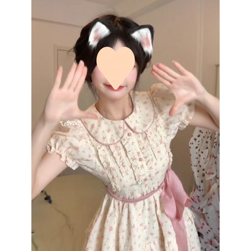 ワンピース 女の子用 夏 ドールカラー 花柄 収腰 スリム パフスリーブ Aライン かわいい スタイリッシュ 学生向け 日常使い 軽やか フレアシルエット