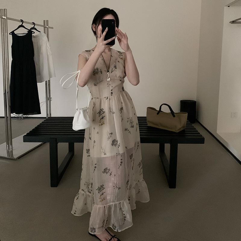 夏 レディース ロング衣装 花柄 V素っ首 韓国 レトロ 窈窕たる 学習能力派 ひな型 女子らしい 今めかしい 口さかしい 普段使い走り 吸湿速乾