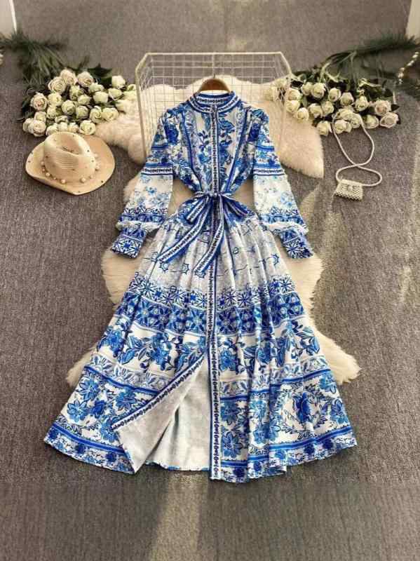 レディース ワンピース 欧米 宮廷スタイル スタンドカラー シングルブレスト 青磁色 花柄 プリント ロングドレス 夏用 収腰デザイン スリムフィット 軽量素材 通勤 普段使い 伸縮性 吸湿速乾 Vネック ブラック ピンク系 アイボリー カジュアル