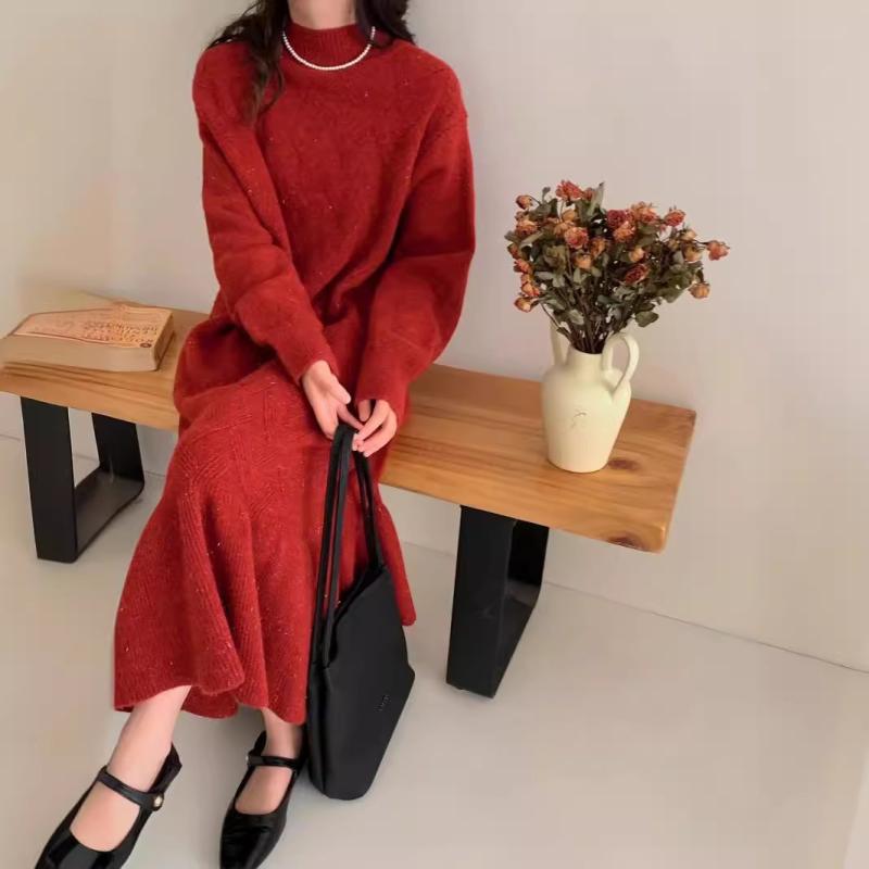 ワンピース レディース 秋冬 ニット ロング丈 ラウンドネック ゆったり ルーズ フィッシュテール ビッグサイズ 暖か コットン混 カジュアル 普段使い
