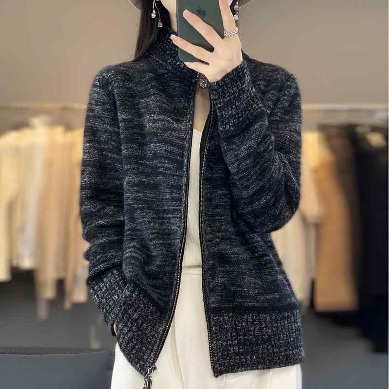 カーディガン レディース 秋冬 ゆったり ダブルジッパー カシミヤ ハイネック 厚手 ウール ニット アウター セーター ルーズシルエット 暖か素材 リラックススタイル