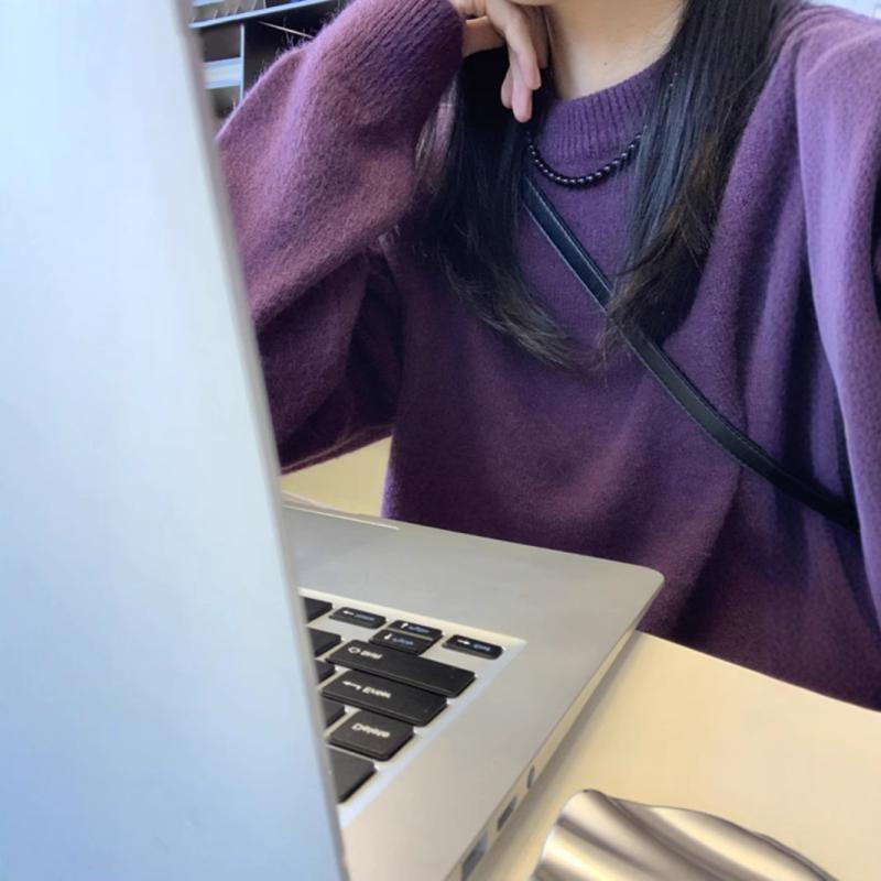 レディース 秋冬 厚手 ふわふわ モヘア ニットセーター 紫 パープル 高級感 レトロ 韓国 ビッグシルエット ゆったり トップス プルオーバー