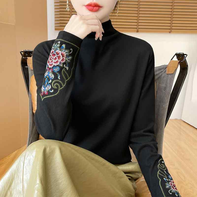 セーター レディース 秋冬 刺繍 ハーフタートルネック ゆったり 保暖 二重面フランネル 復古 アート 暖か素材 インナー トップス 柔らかい 触感