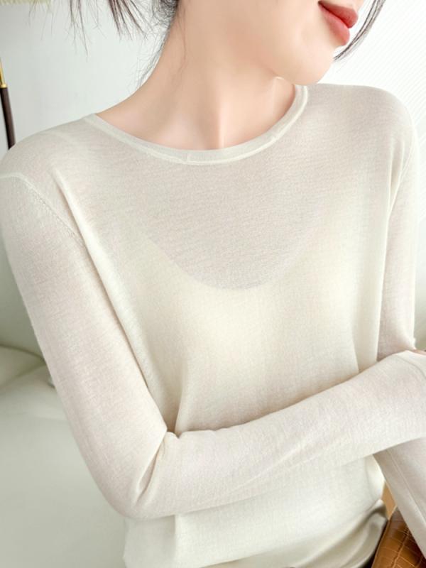 春夏 レディース 長袖 羊毛 編み物 トップス 薄っぺら 丸首 軽さ 第一義的 普段使い走り 吸湿速乾 パステル色の 手当たり