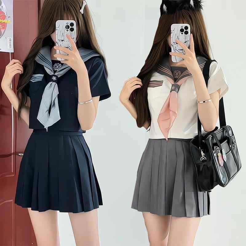 セーラー服 女子高生用 短袖 刺繍 正統 制服 日系 学院 学生 セット スクール ユニフォーム かわいい デザイン 日常使い