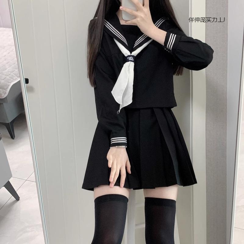 セーラー服 女子高生 制服 スカート セット 日系学生服 黒ライン 中間デザイン コットン混 紡績素材 カジュアル 日常使い 学校 トップス プリーツスカート 組み合わせ 軽量 伸縮性 吸湿速乾