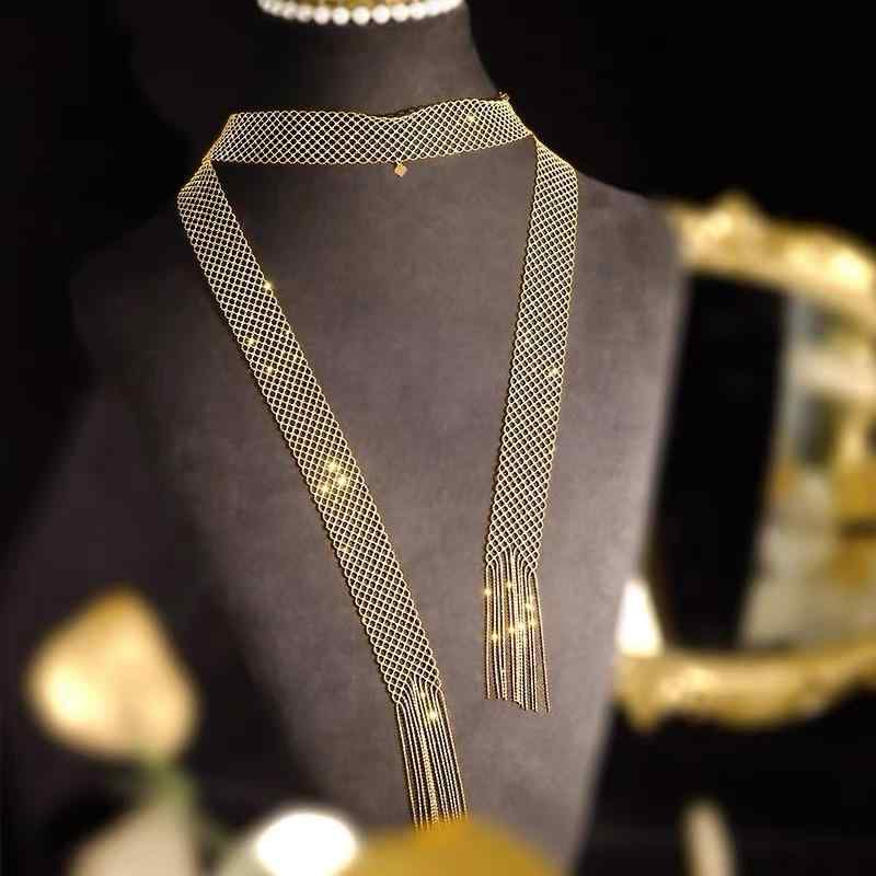 ネックレス ゴールド ロング リボン スカーフ レース 編み込み 加工 スタイリッシュ アクセサリー チェーン デザイン 華やか ジュエリー