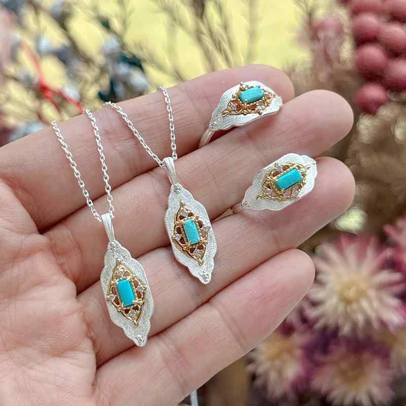 ネックレス 天然ターコイズ 誕生石 レース切り替え 電気メッキ加工 銀金セット 高級感 ジュエリー アクセサリー 女性用 華やかデザイン 細工細やか 日常使い