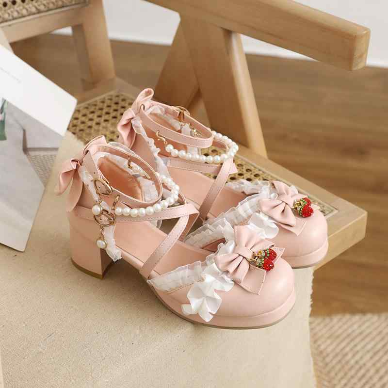 ロリータシューズ レディース 厚底 ミドルヒール かわいい 蝶結び 飾り いちご チャーム パール アンクルストラップ 甘め コーデ 汎用 デザイン 軽量 履き心地 良い フラット ソール 調整 可能 ピンク 系 カラー
