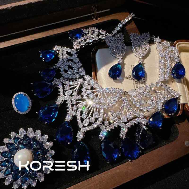 レディース ジュエリー セット レトロ レース 青い宝石 金メッキ 高級感 華やか ネックレス イヤリング ブローチ 開口指輪