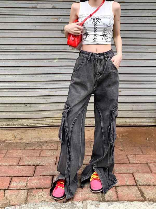 レディース デニムパンツ アメリカン レトロ グラデーション ブラック ワークスタイル 秋 ゆったり ストレート スリット ロング カジュアル デニム素材 性 ハイウエスト 軽量
