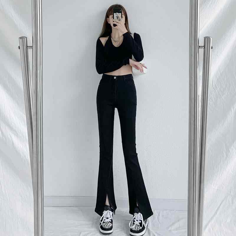 レディース デニムパンツ ブラック ハイウエスト スリット フレアレッグ 細見え 春秋 小柄対応 ロング丈 カジュアル ストレッチ デニム素材 普段使い ワイドシルエット 4,538円
