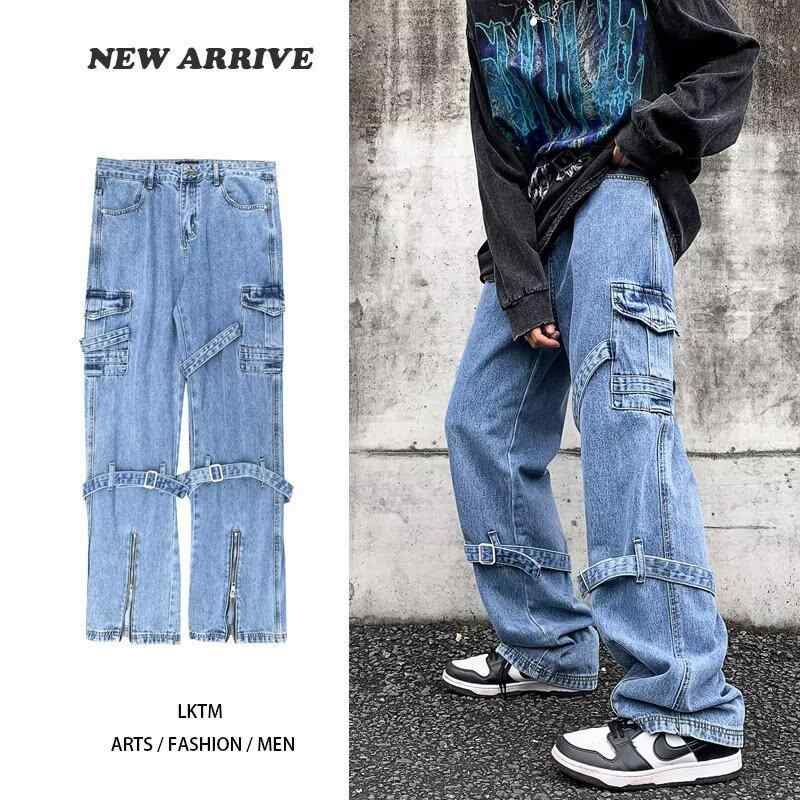 デニムパンツ メンズ 機能性 ワーク ベルト付き ストリート ストレート ゆったり ジッパー スリット 微フレア ロング カジュアル デニム素材 普段使い
