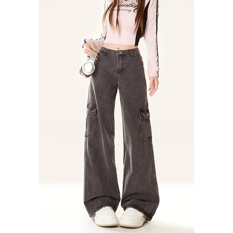 レディース 秋冬 レトロ 高級感 グレー デニム ジーンズ ワークパンツ ストレート ワイドレッグ ロングパンツ カジュアル 普段使い ゆったり シルエット 綿素材