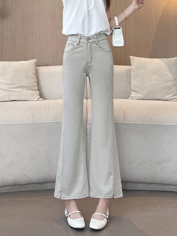 レディース ハイウエスト デニムパンツ くすみグレー ゆったり フレア 小さめスリット クロップド丈 小柄対応 カジュアル 普段使い ストレッチ デニム素材